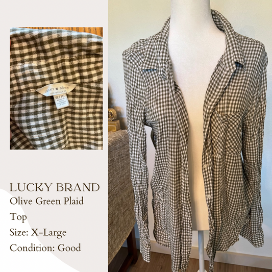 Lucky Brand Olive Green Plaid Top