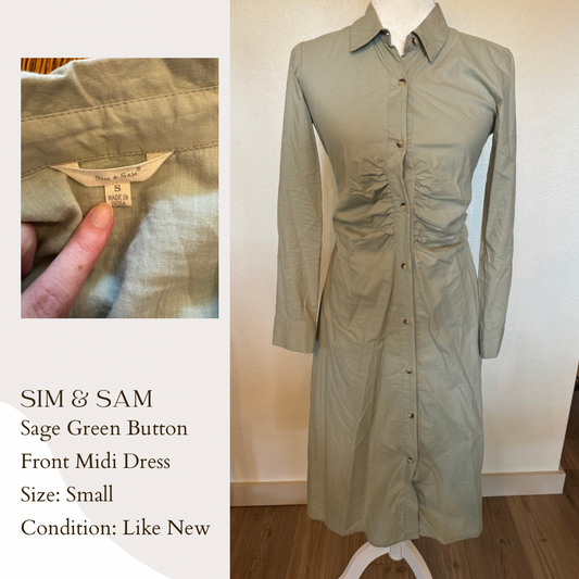 Sim & Sam Sage Green Button Front Midi Dress