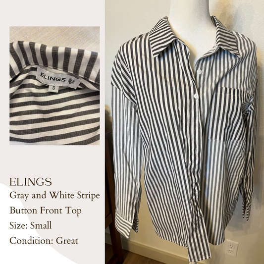 Elings Gray and White Stripe Button Front Top