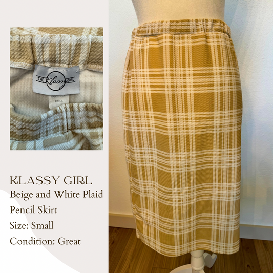 Klassy Girl Beige and White Plaid Pencil Skirt