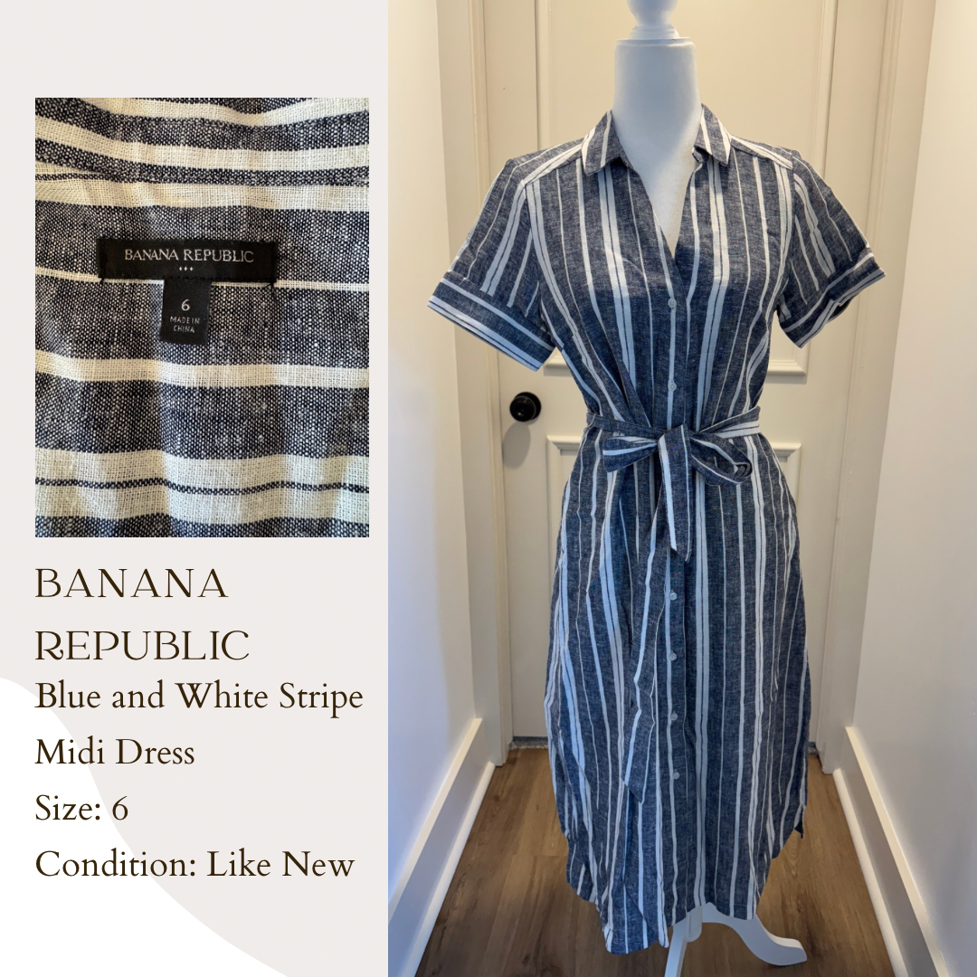 Banana Republic Blue and White Stripe Midi Dress