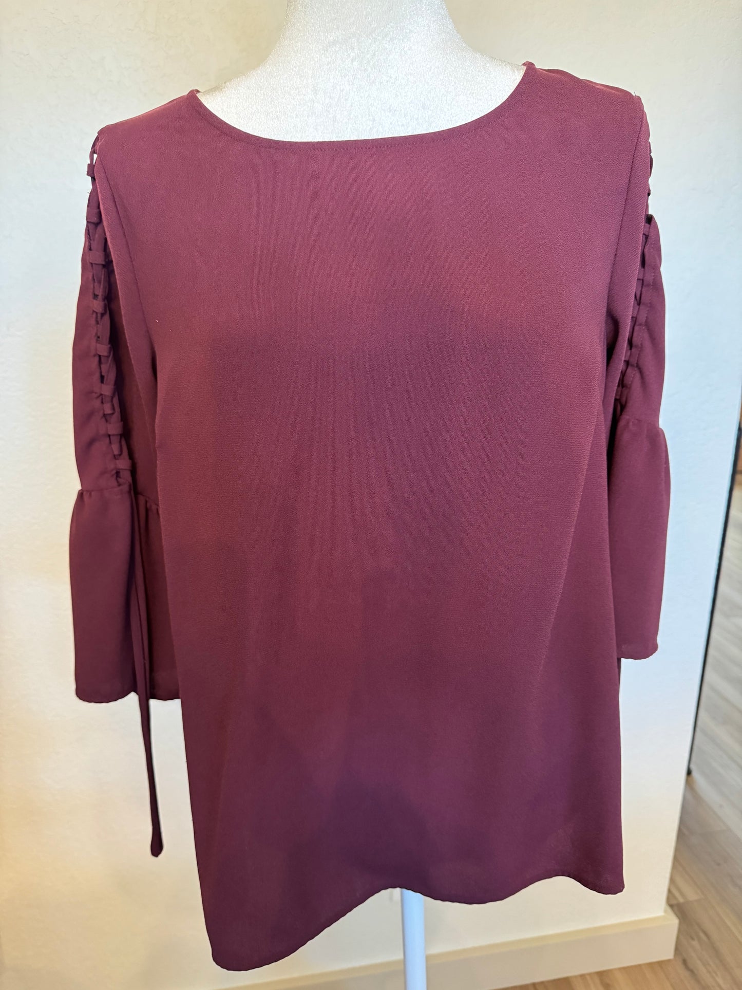 Time and Tru Burgundy Top With Lace Sleeve Accent