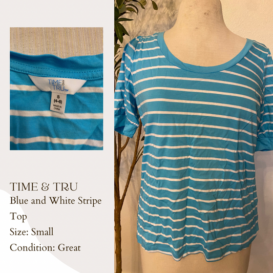 Time & Tru Blue and White Stripe Top