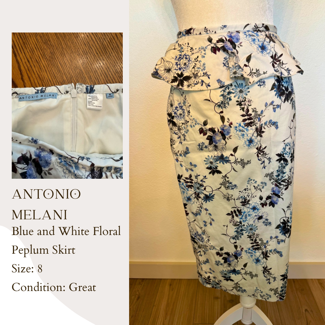 Antonio Melani Blue and White Floral Peplum Skirt