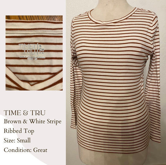 Time & Tru Brown & White Stripe Ribbed Top