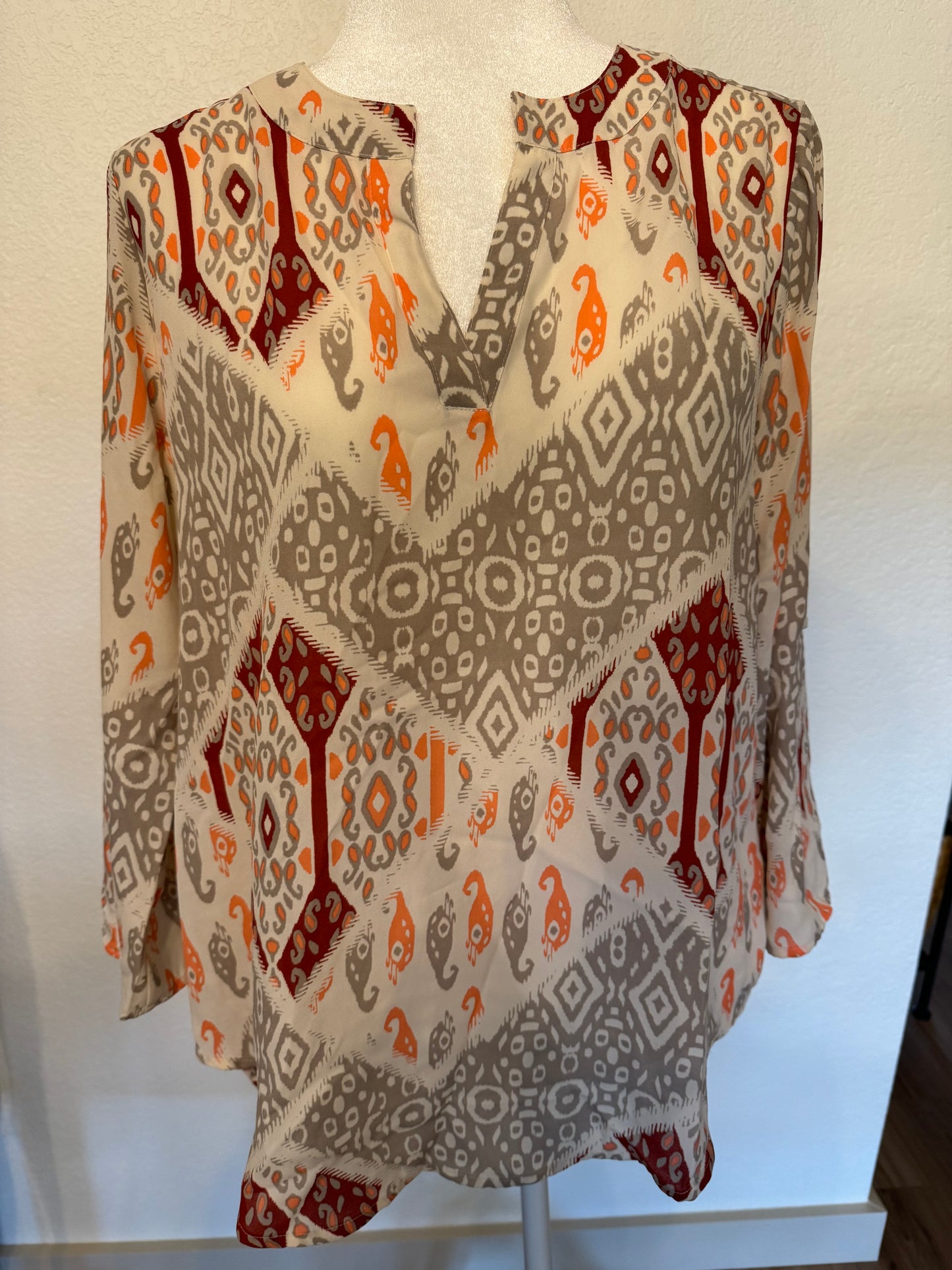 Cato Cream, Red, and Orange Print Top