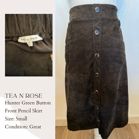 Tea N Rose Hunter Green Button Front Pencil Skirt