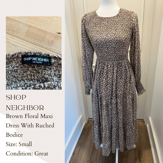 Shop Neighbor Brown Floral Maxi Dress With Ruched Bodice