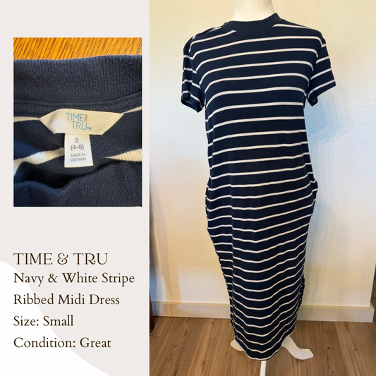 Time & Tru Navy and White Stripe Midi Dress