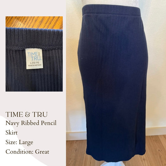 Time and Tru Navy Ribbed Pencil Skirt