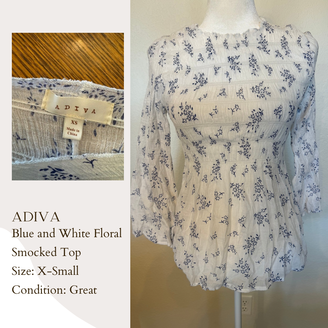 Adiva Blue and White Floral Smocked Top