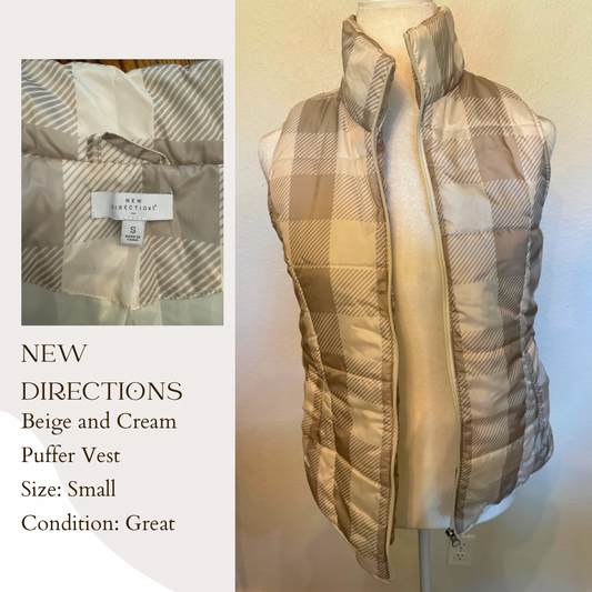 New Directions Beige and Cream Puffer Vest