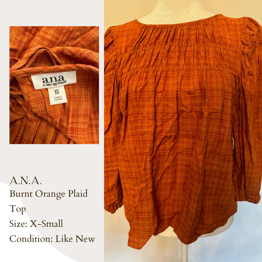 A.N.A. Burnt Orange Plaid Top