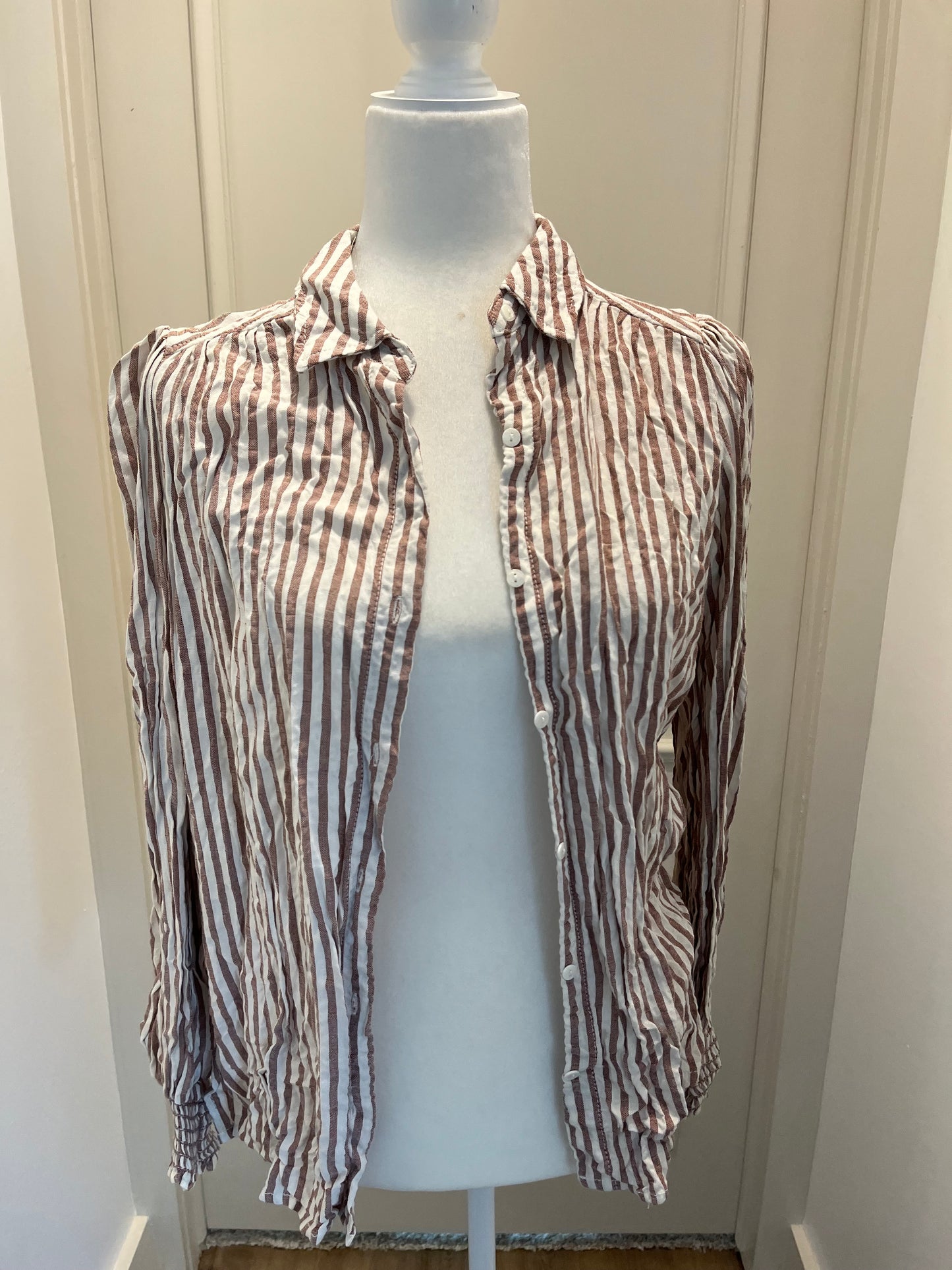 Max Studio Beige Stripe Button Front Top