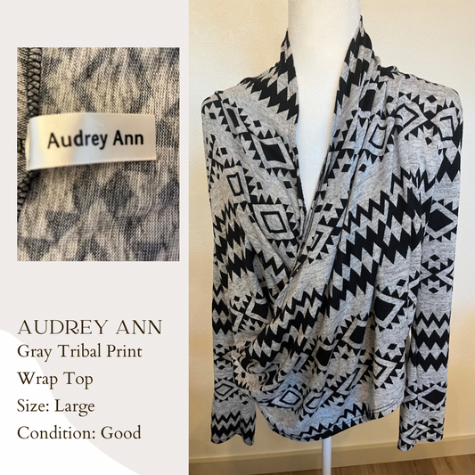 Audrey Ann Gray Tribal Print Wrap Top