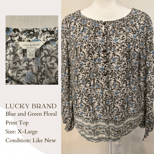 Lucky Brand Blue and Green Floral Print Top