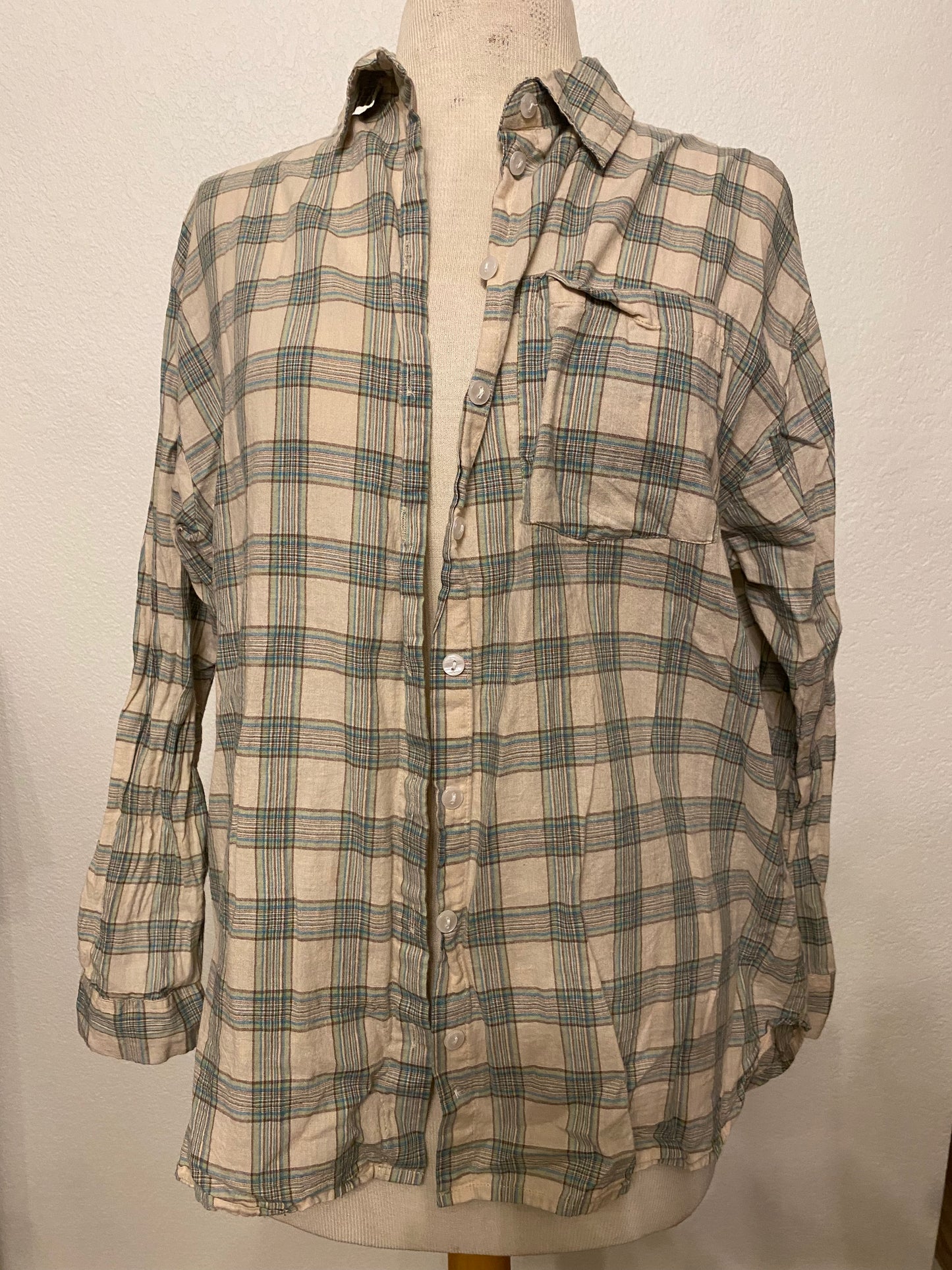 Passport Blue and Gray Plaid Button Front Top