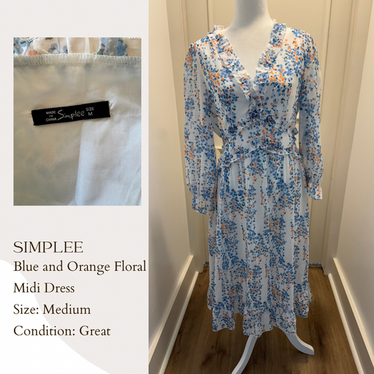 Simplee Blue and Orange Floral Midi Dress