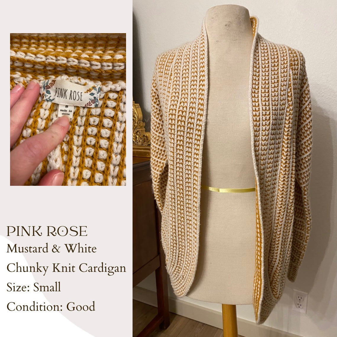 Pink Rose Mustard & White Chunky Knit Cardigan