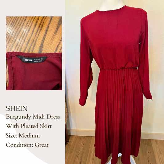 Shein Burgundy Midi Dress With Pleated Skirt