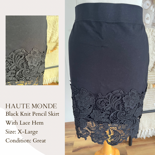 Haute Monde Black Knit Pencil Skirt With Lace Hem