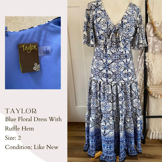 Taylor Blue Floral Dress With Ruffle Hem