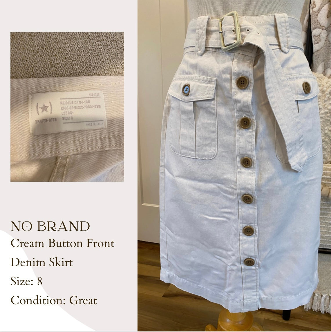 No Brand Cream Button Front Denim Skirt