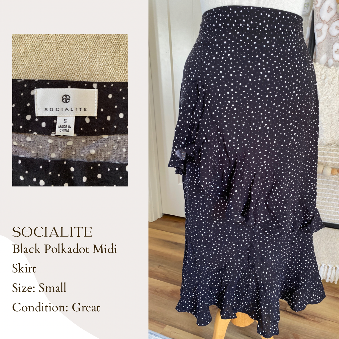 Socialite Black Polkadot Midi Skirt