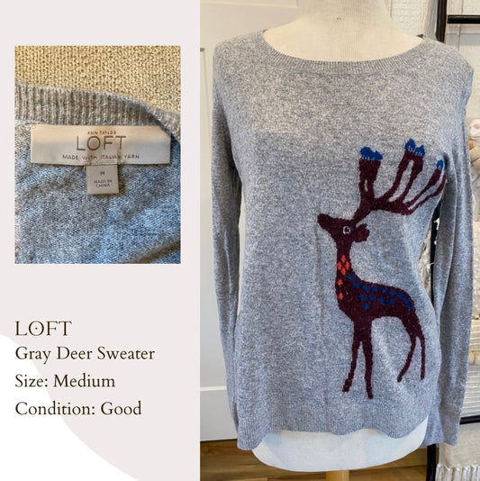 LOFT Gray Deer Sweater