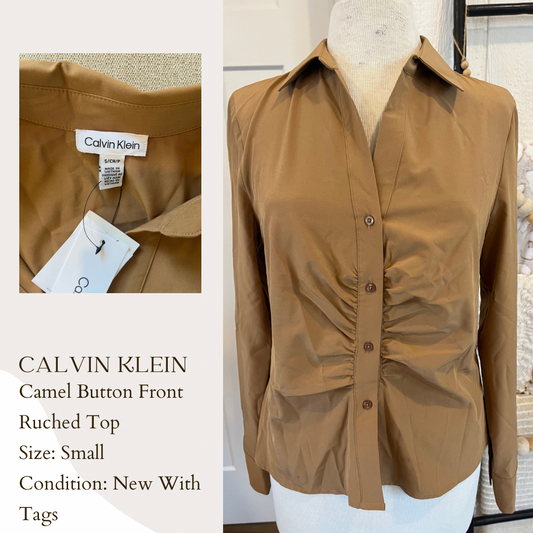 Calvin Klein Camel Button Front Ruched Top