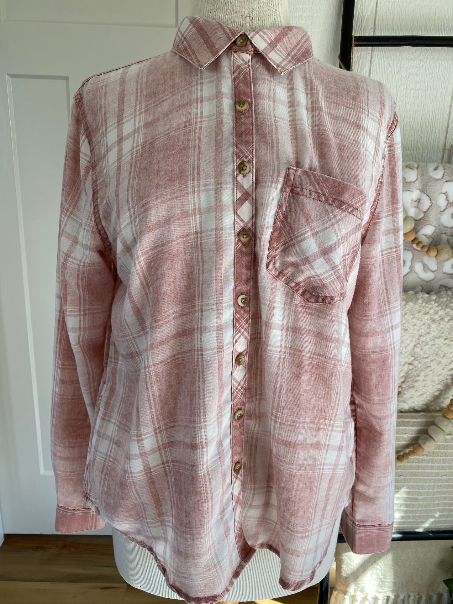 Maurices Blush Plaid Button Front Top