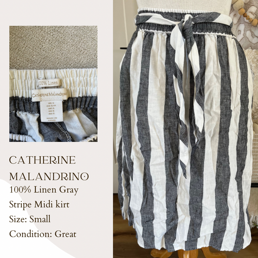 Catherine Malandrino 100% Linen Gray Stripe Midi Skirt