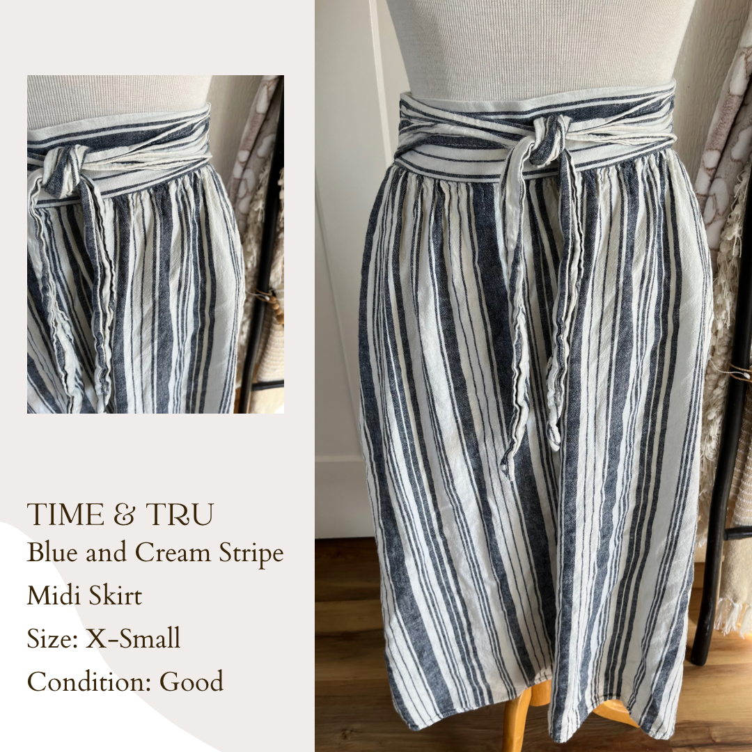 Time & Tru Blue and Cream Stripe Midi Skirt