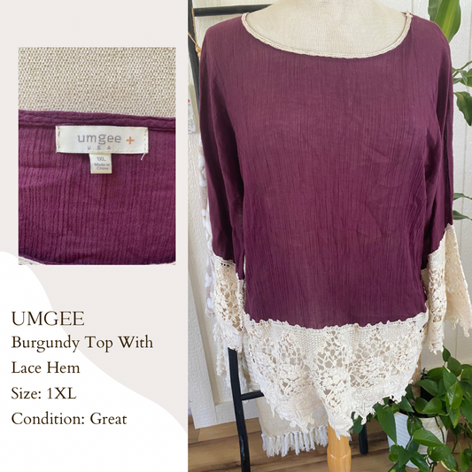 Umgee Burgundy Top With Lace Hem