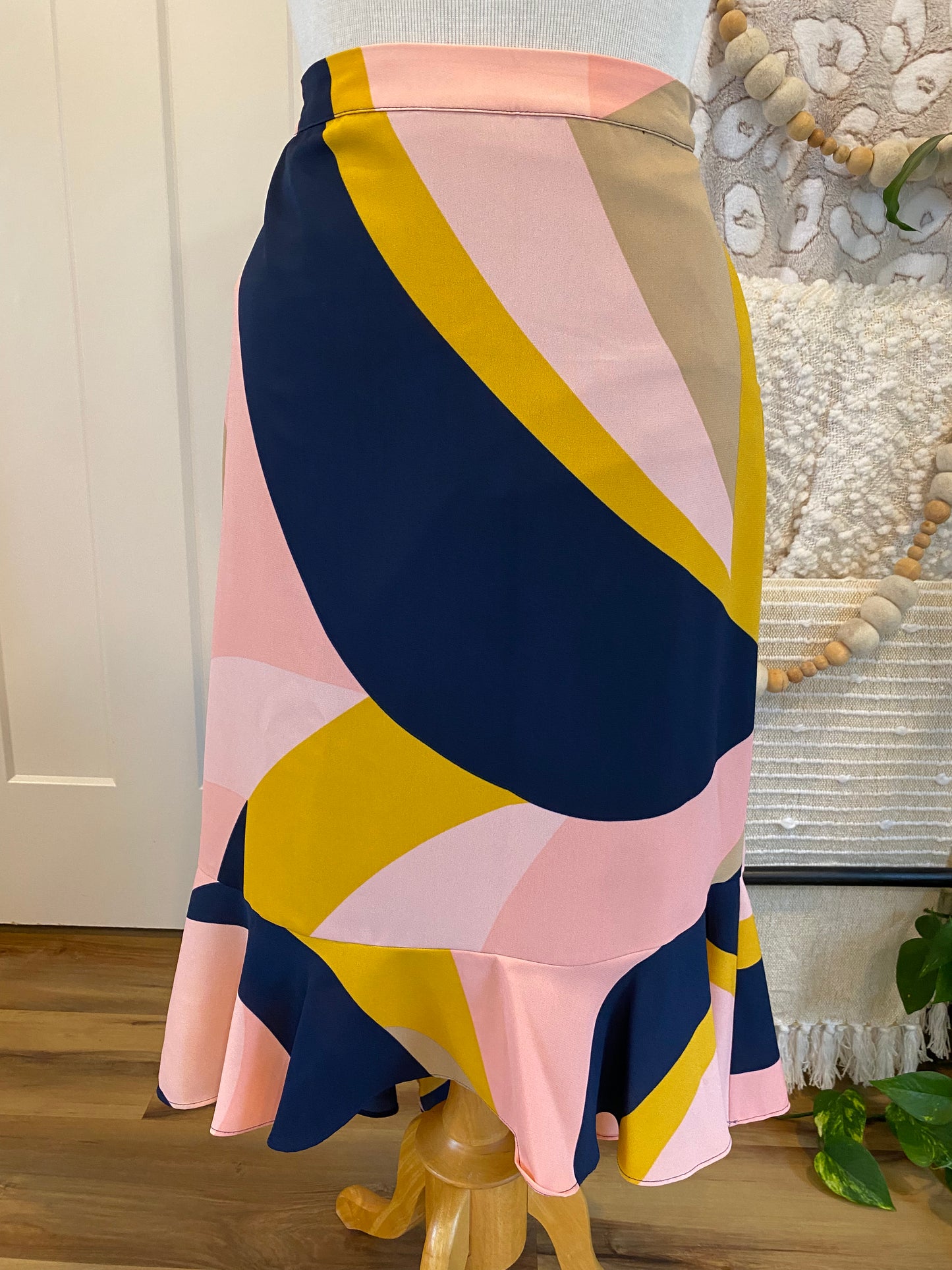 Bar III Pink, Navy, & Mustard Midi Skirt