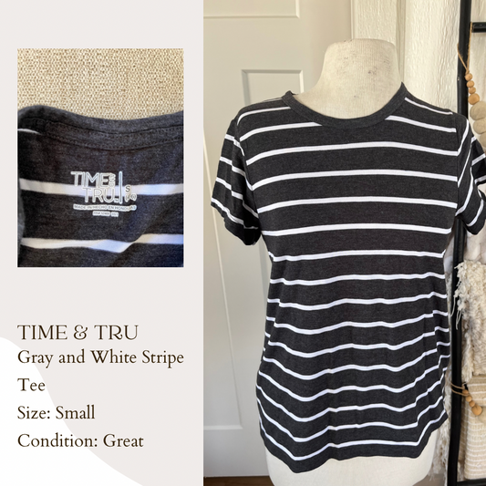 Time & Tru Gray and White Stripe Tee