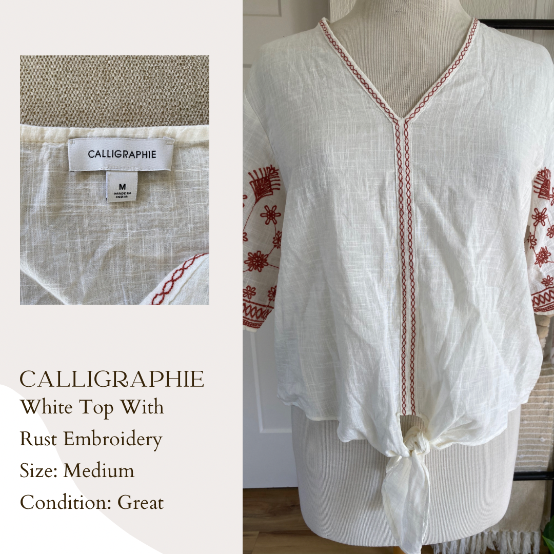 Calligraphie White Top with Rust Embroidered