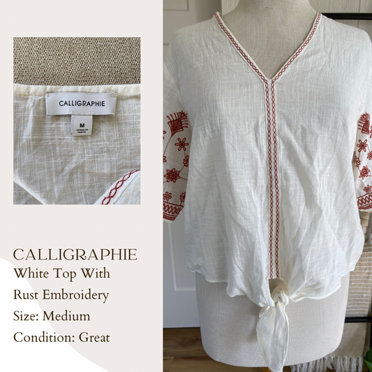 Calligraphie White Top with Rust Embroidered