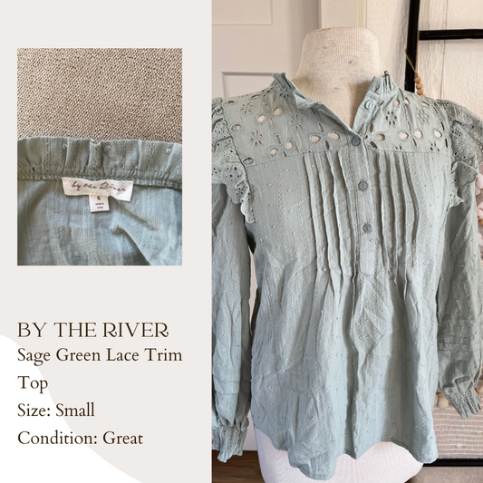 By the River Sage Green Lace Trim Top