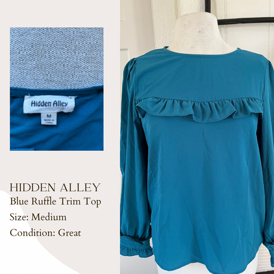 Hidden Alley Blue Ruffle Trim Top