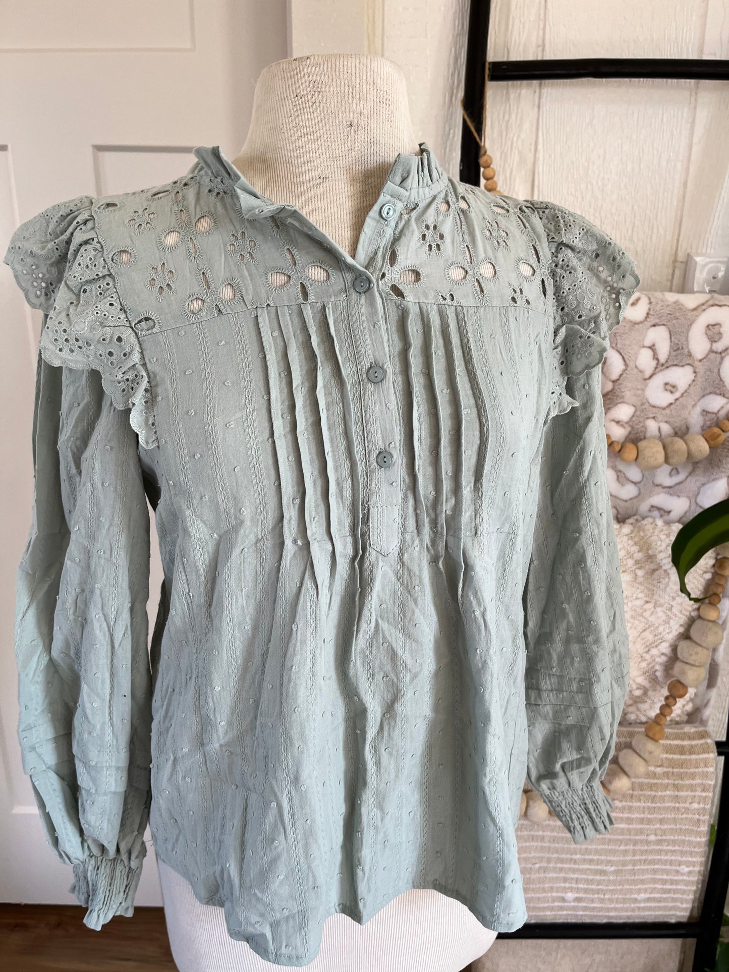 By the River Sage Green Lace Trim Top