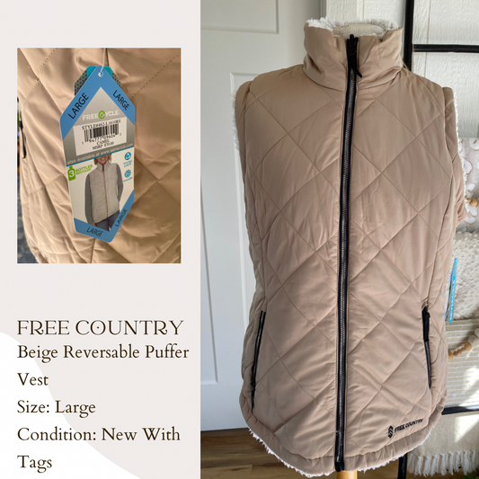 Free Country Beige Reversible Puffer Vest