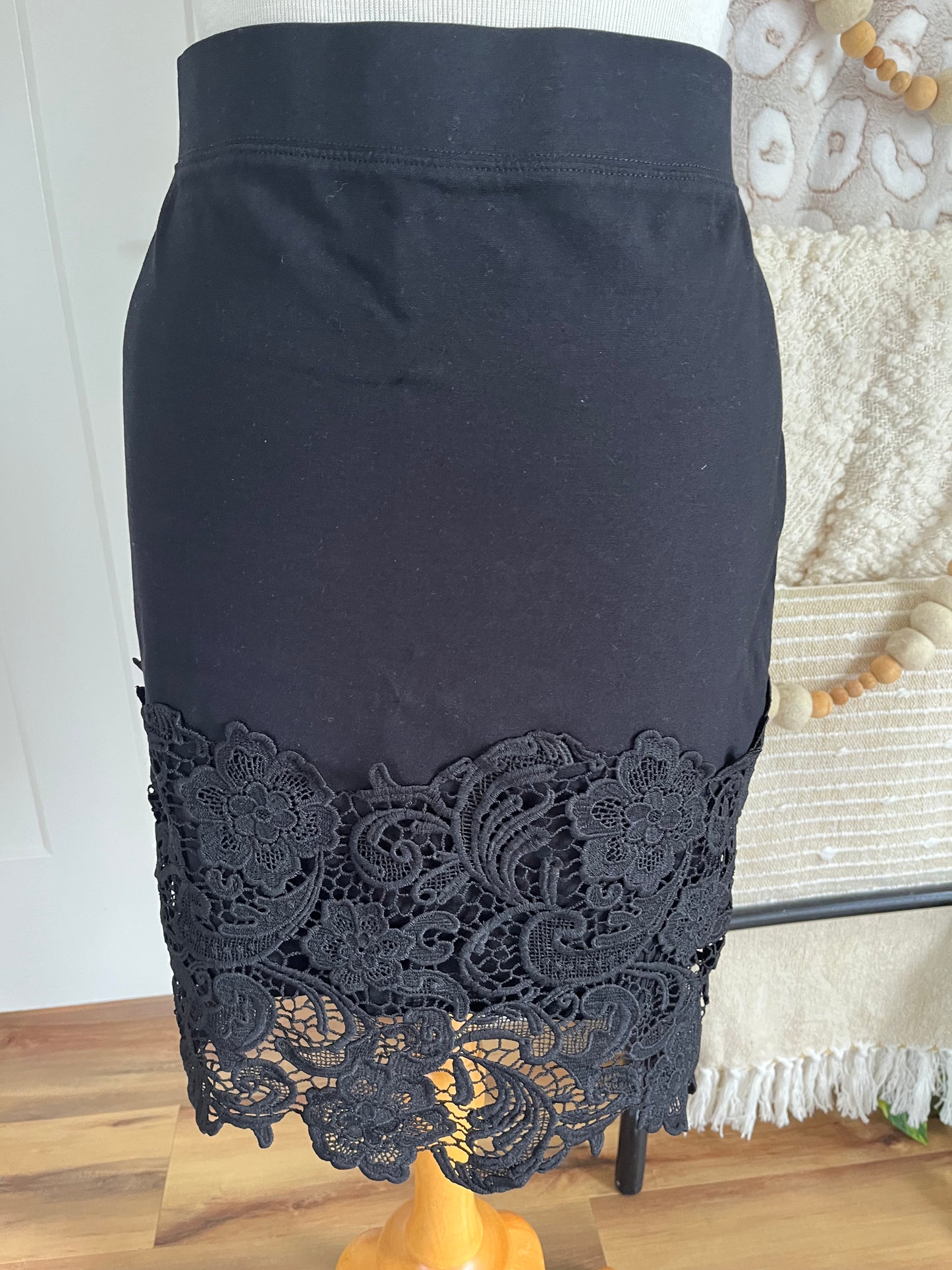 Haute Monde Black Knit Pencil Skirt With Lace Hem