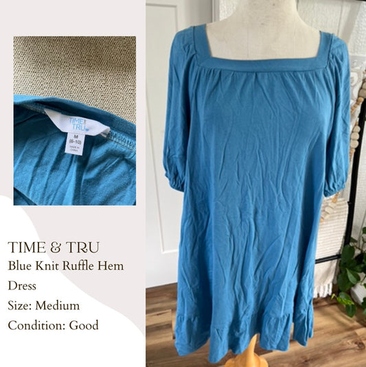 Time & Tru Blue Knit Ruffle Hem Dress