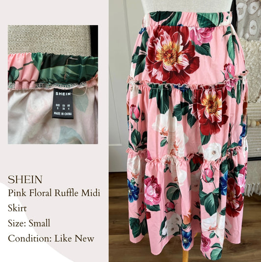 Shein Pink Floral Ruffle Midi Skirt