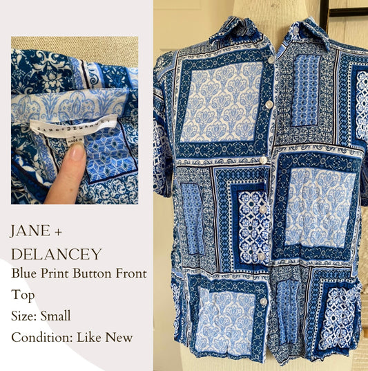 Jane + Delancey Blue Print Button Front Top