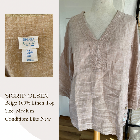 Sigrid Olsen Beige 100% Linen Top