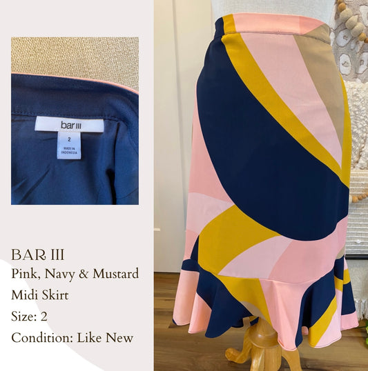 Bar III Pink, Navy, & Mustard Midi Skirt