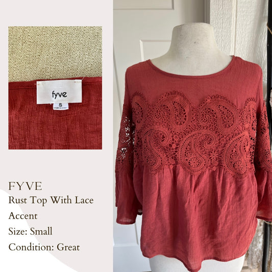 Fyve Rust Top With Lace Accent