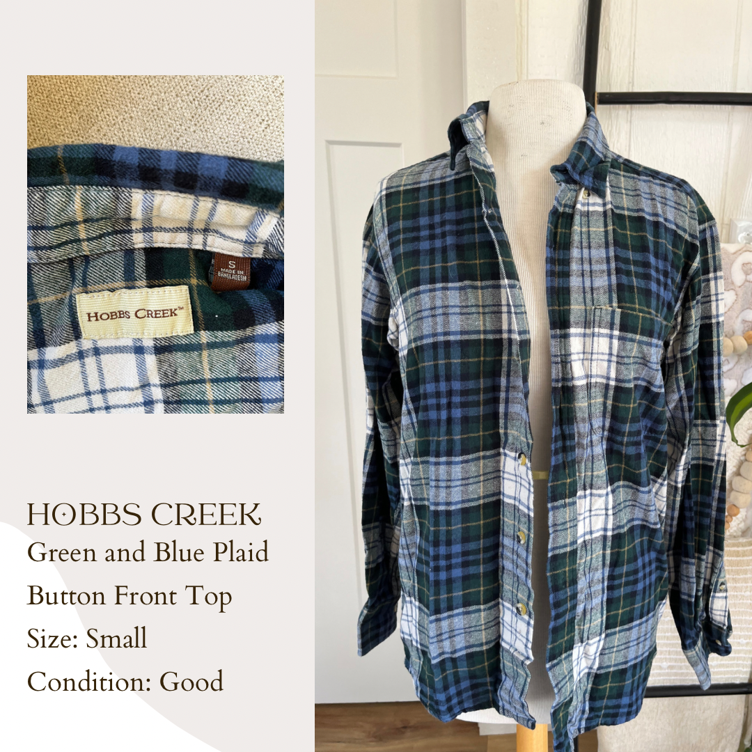 Hobbs Creek Green and Blue Plaid Button Front Top